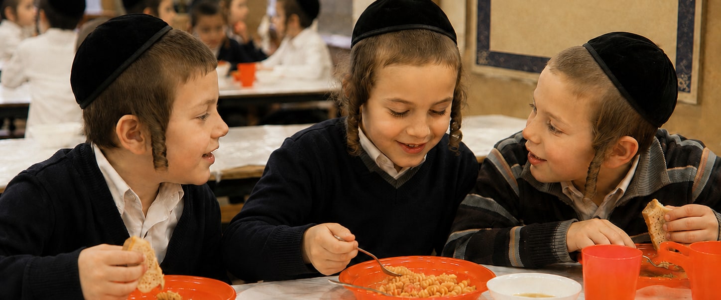 Three boys laughing over lunch in the Great Free Kitchen