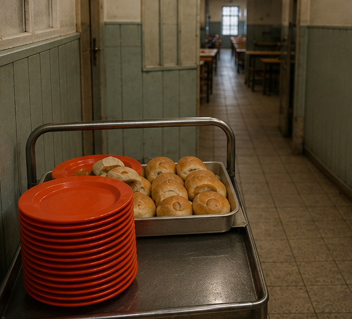 Stacked plates and a tray of rolls on a trolley